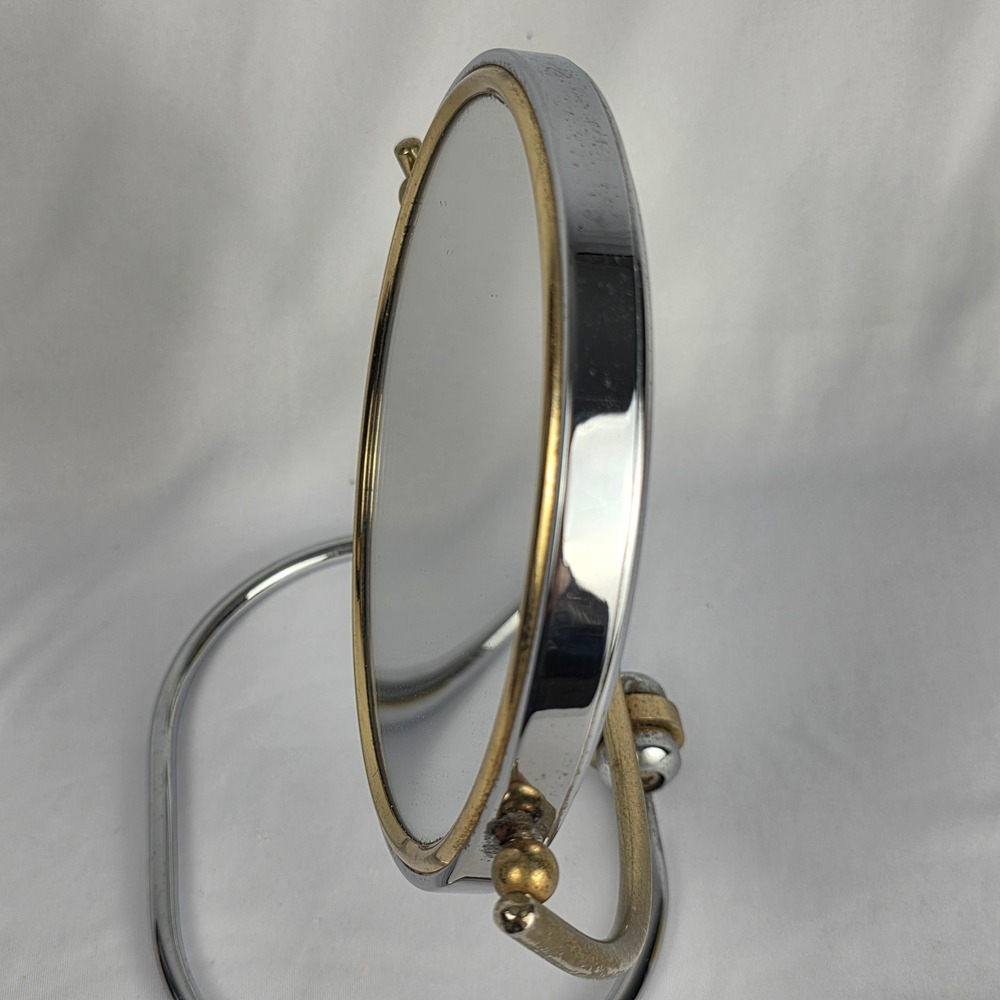Vintage 5" Double Sided Folding Magnifying Travel Vanity Mirror MCM Chrome Brass - Picture 7 of 13
